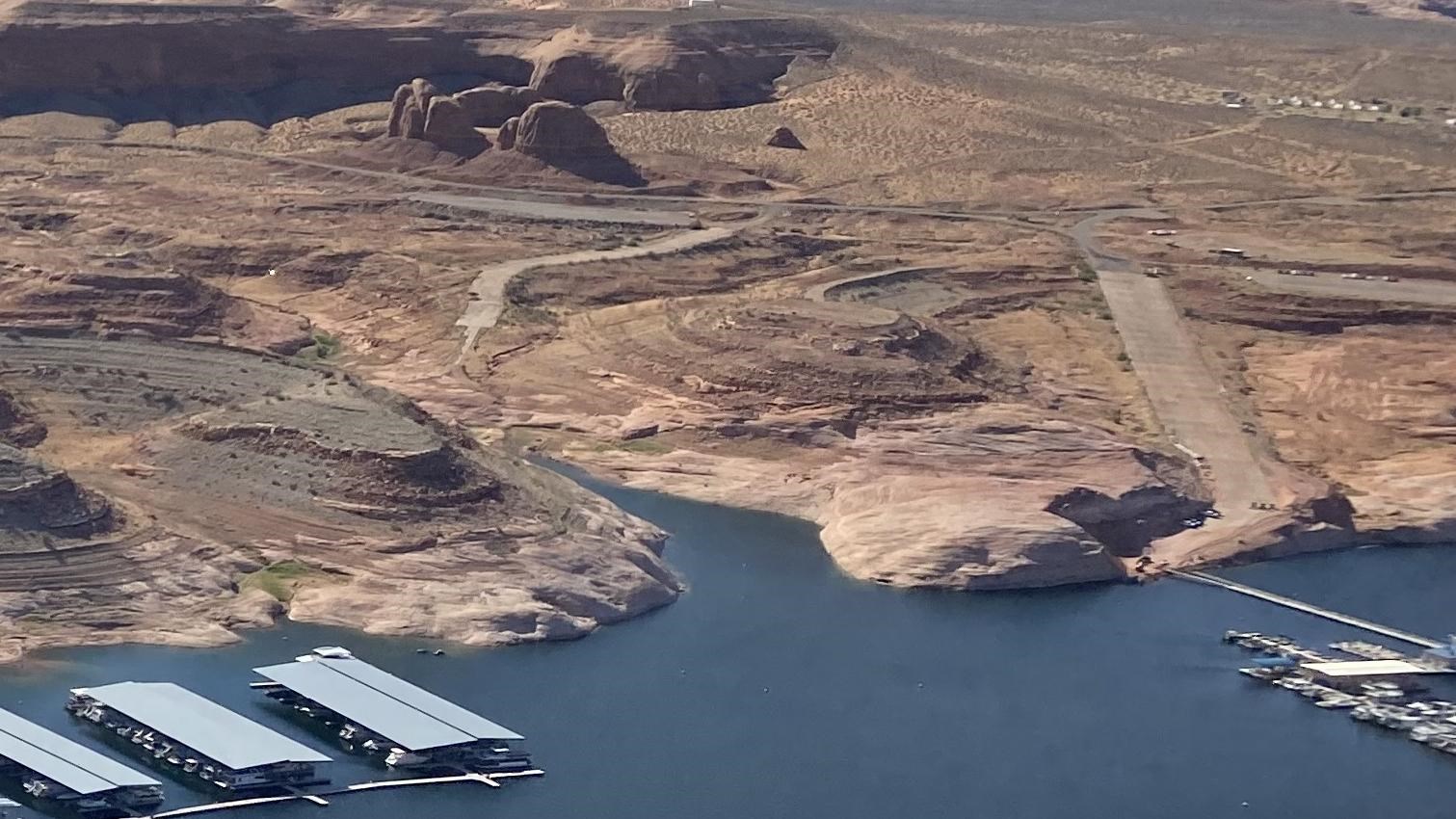 aerial view of launch ramp on desert lake