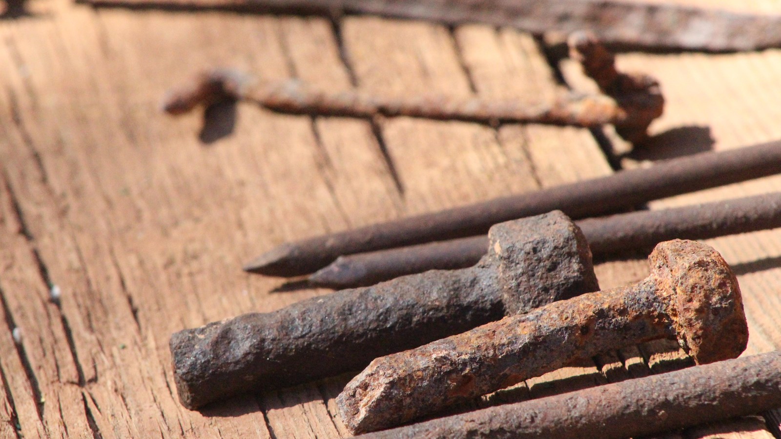 Rusted nails and tools on wooden shelf of cabin