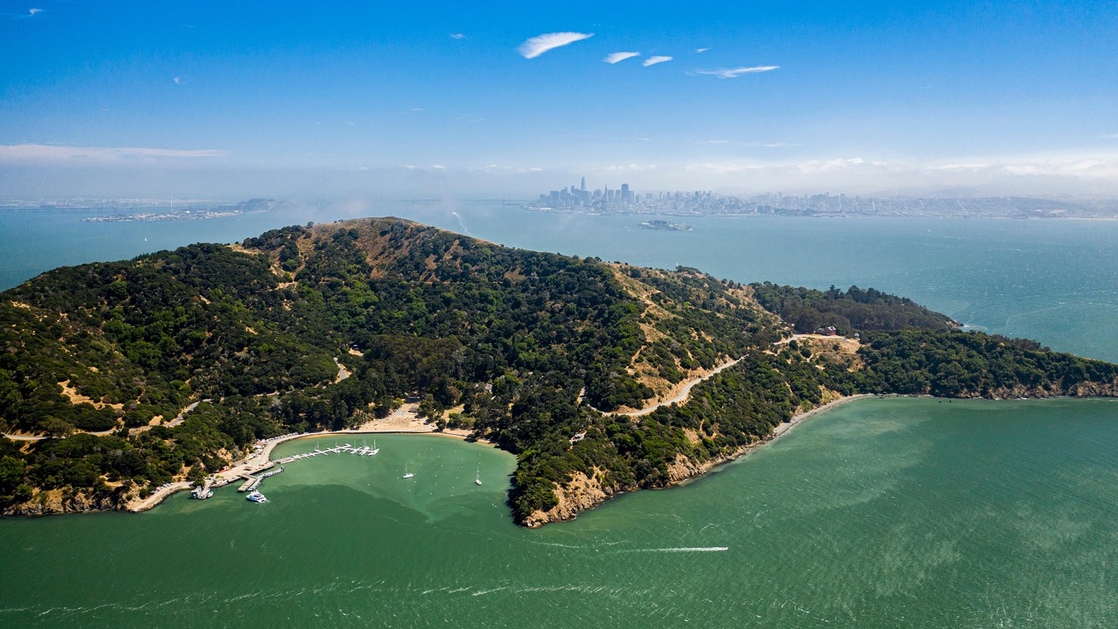 Aerial of island in the ocean. 