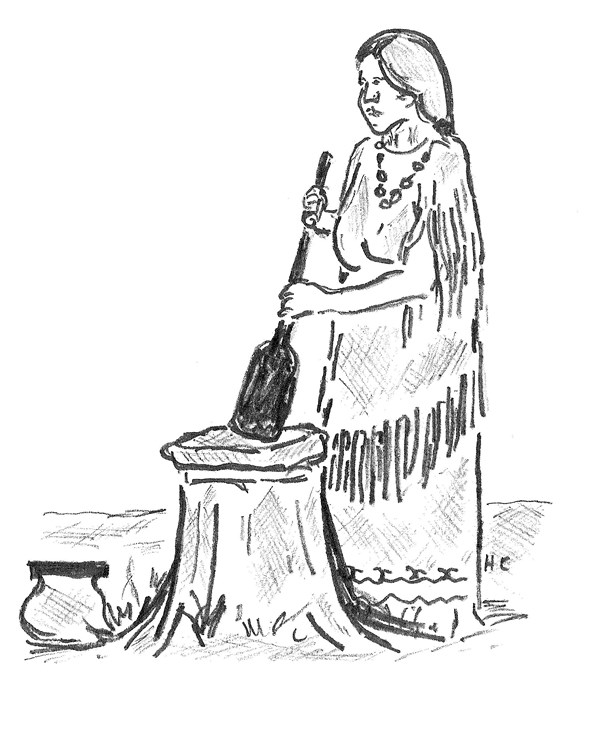 A line drawing of a woman grinding corn