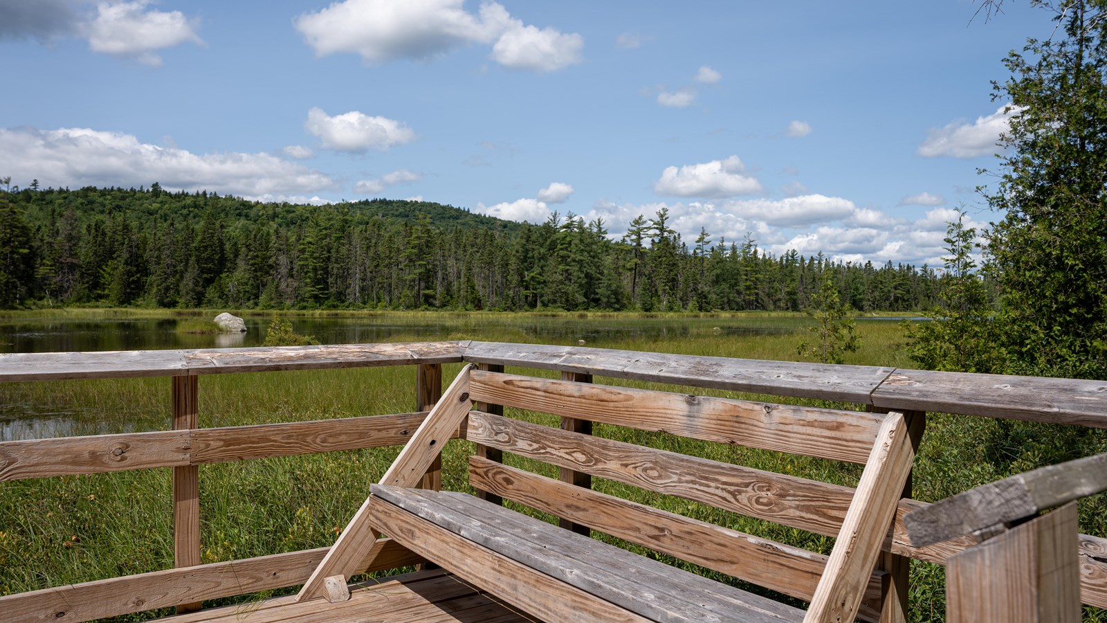 A wooden viewing platform with a bench over a grassy pond. Cloudy blue sky and mountains behind it.