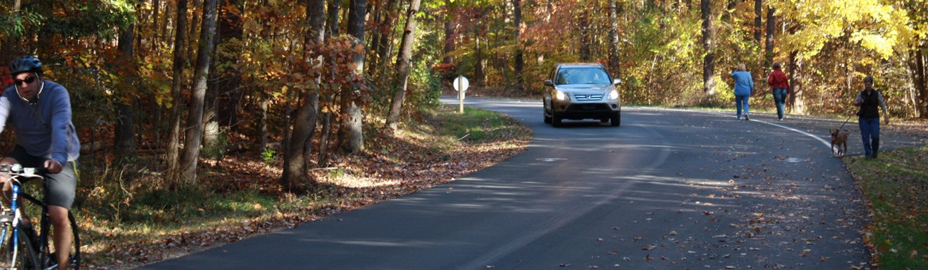 Bicycle followed by car travel along a road with pedestrians walking opposite direction