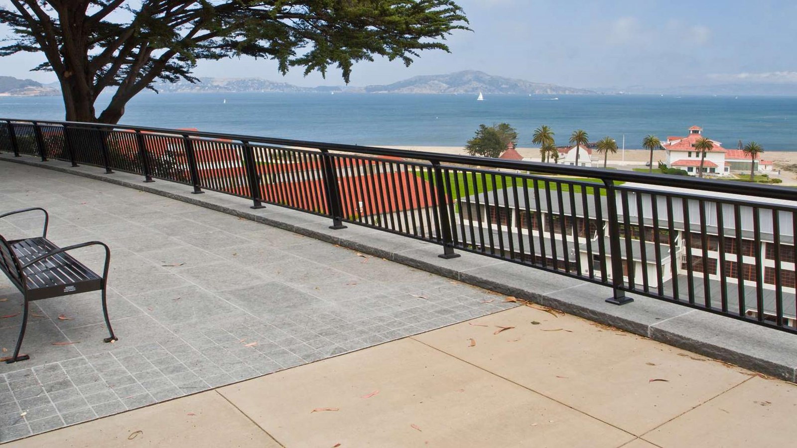 A bench and railing at the Crissy Field Overlook.