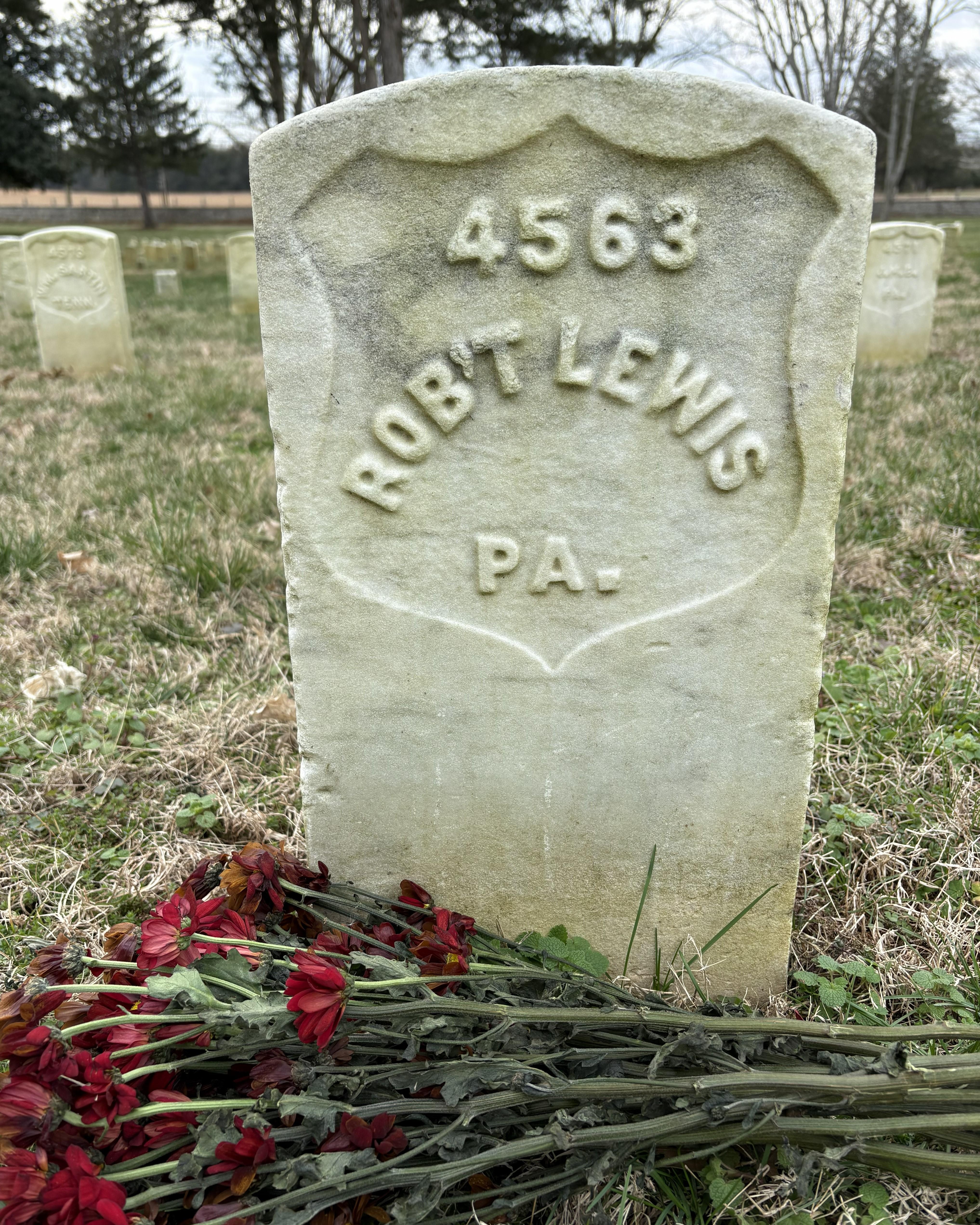 Marble headstone with the name "Rob't Lewis" on its face. Red flowers are laid next to it. 