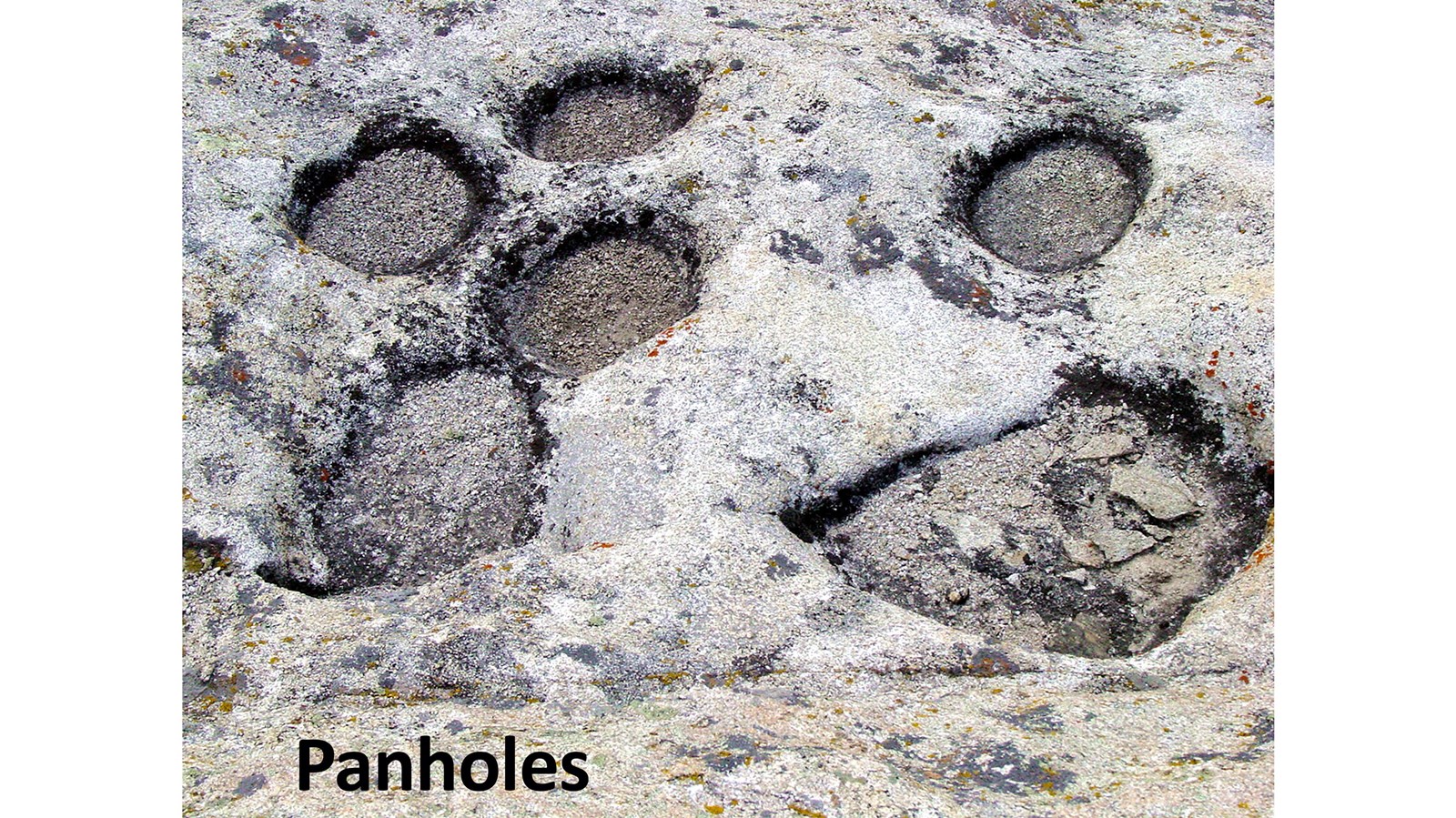 Examples of 6 panholes ranging in size from a saucer to a dinner plate.