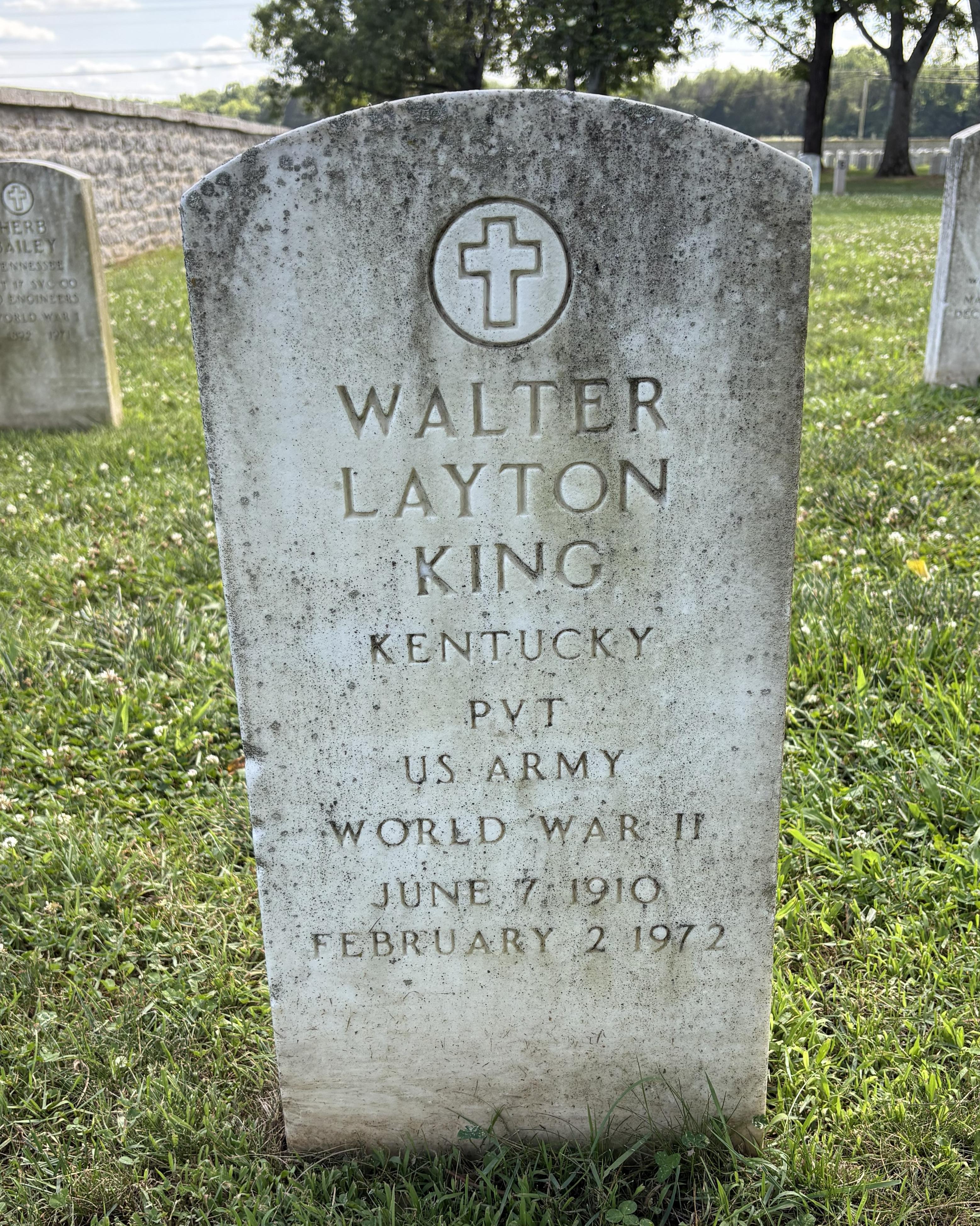 Marble headstone belonging to Walter L. King, a World War II veteran. 