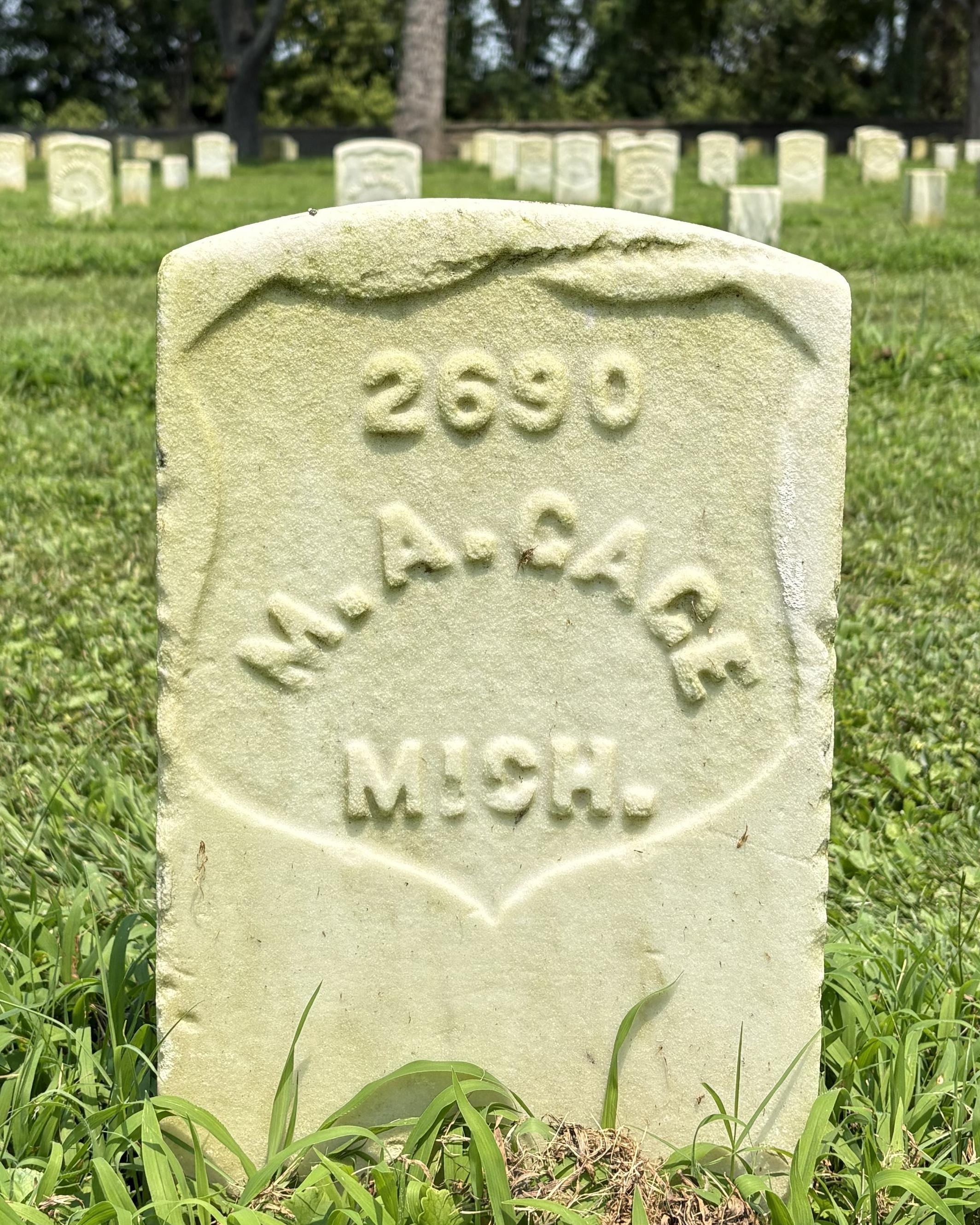 Marble headstone belonging to "M. A. Gage." 