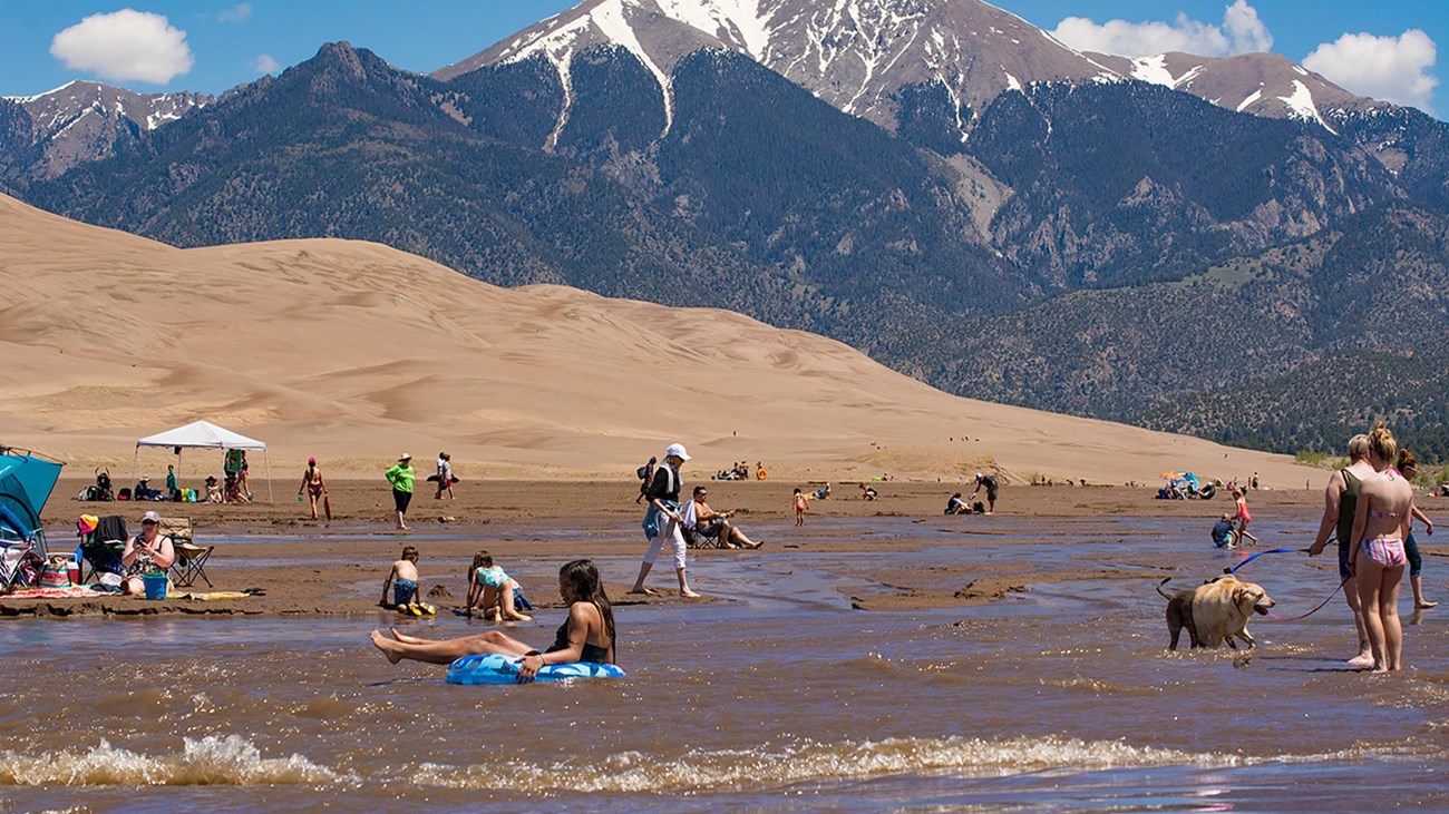 Visitors splashing, floating, and walking in a stream, with dunes and snow-capped mountain.