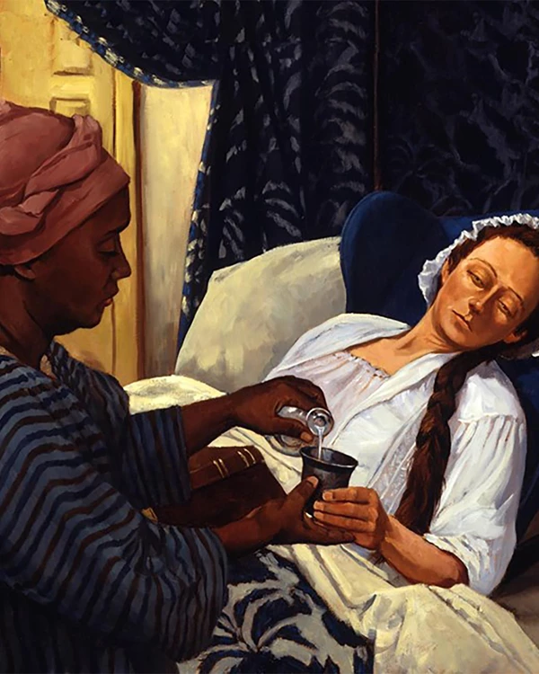 An African woman taking care of an English woman who is bedridden.