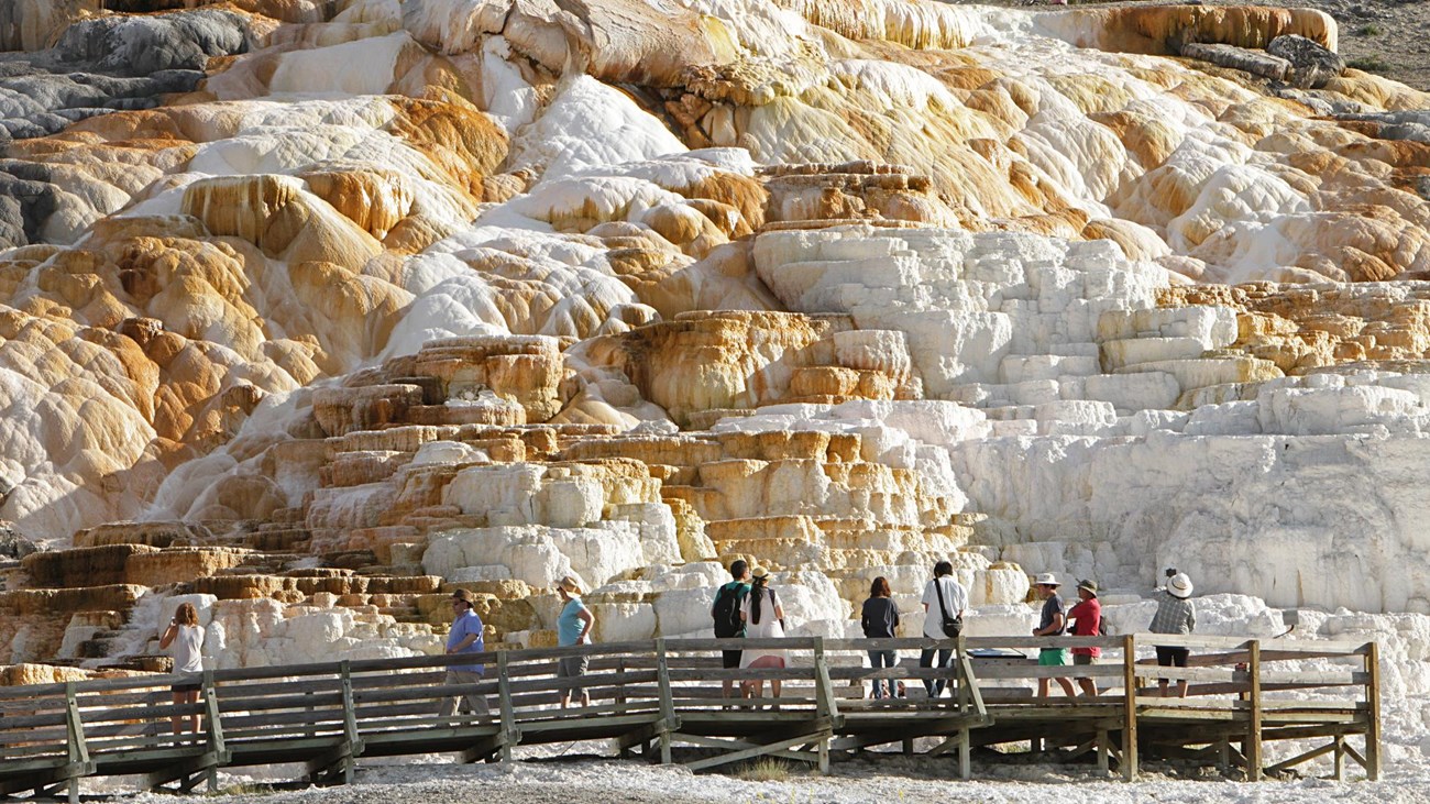 People stand on a boardwalk and admire a travertine terrace formation with water cascading down it.