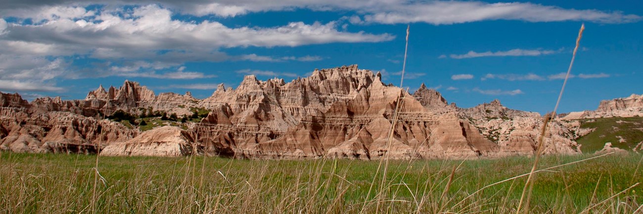 a cloudy blue sky appears over jagged badlands formations, framed by green grasses in the foreground