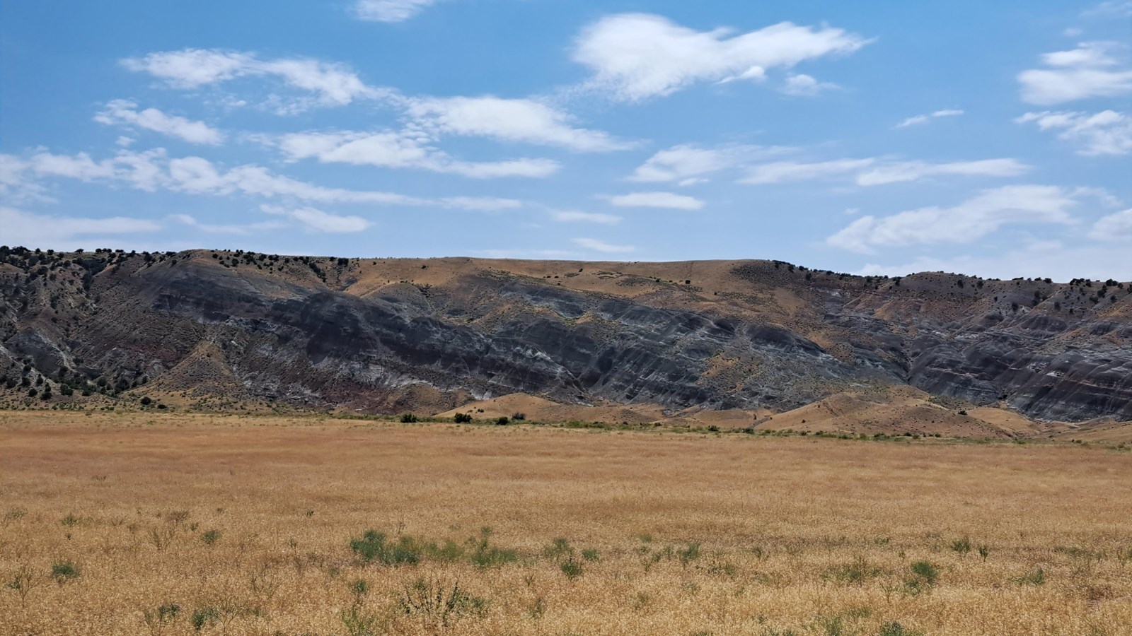 A roadside pullout looking across a field towards a long hillside with vibrant purple, red, and gray