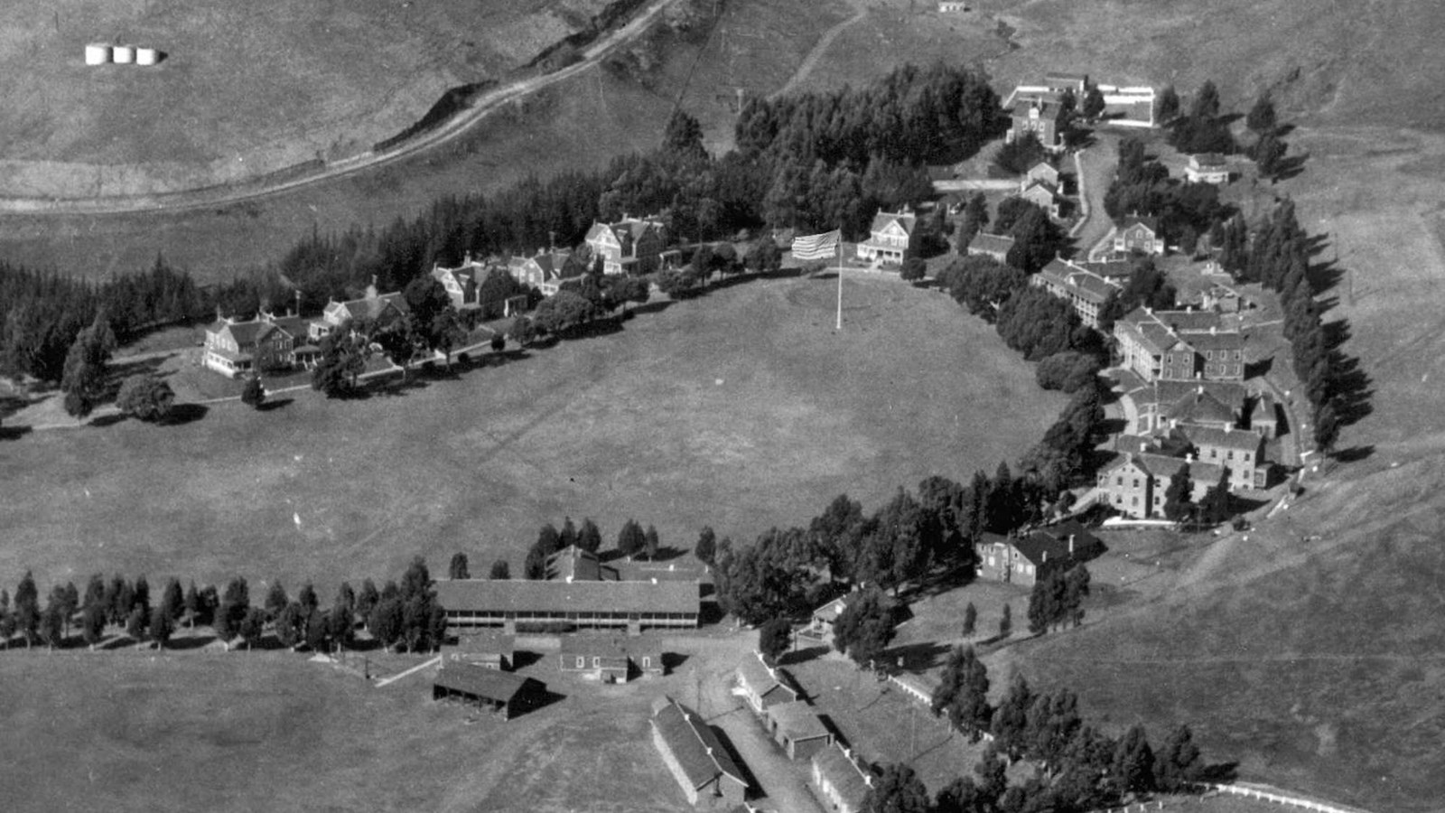 Black and white aerial view of Fort Baker.