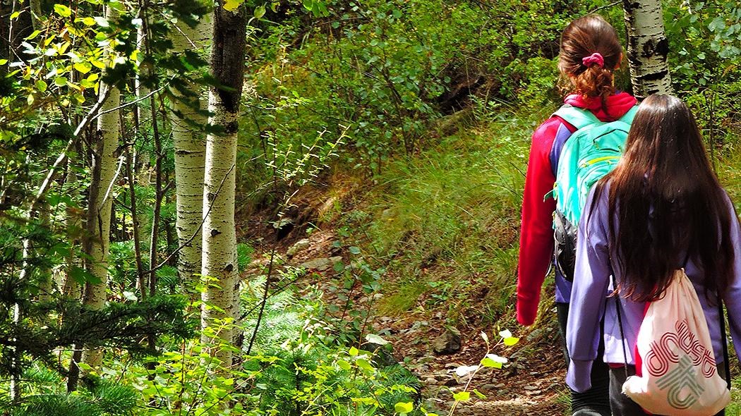 Two girls hiking on a forested trail