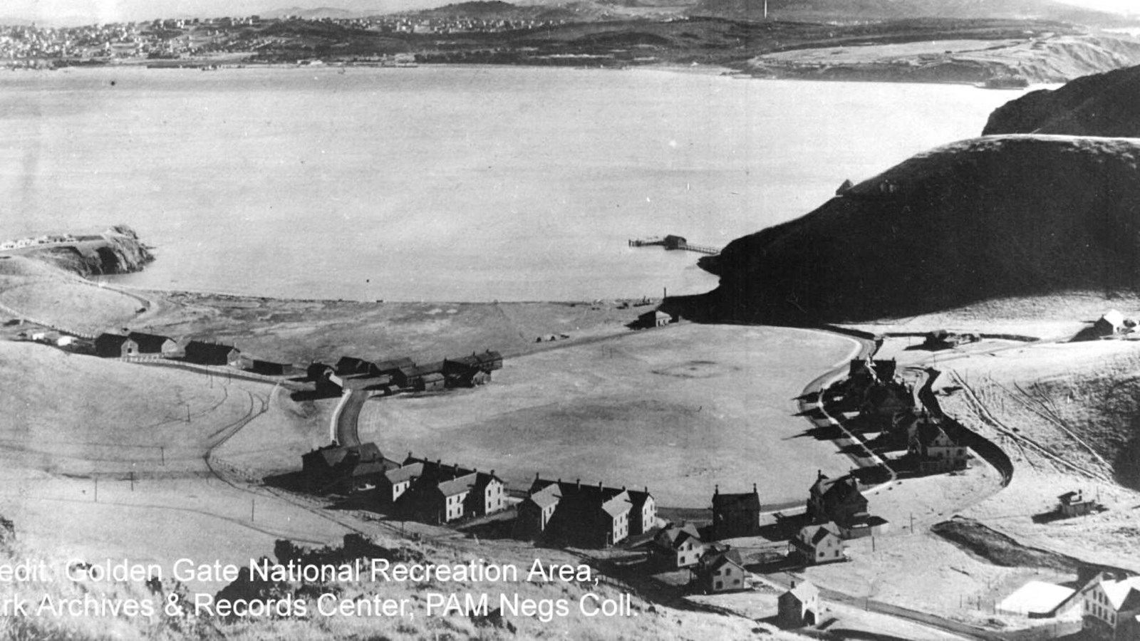 Fort Baker from above, looking out towards the bay.