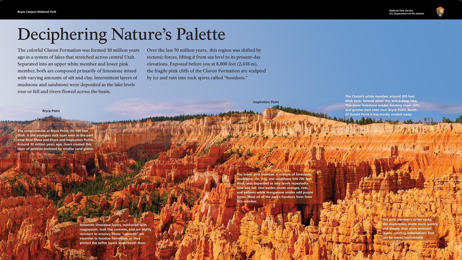 A wayside exhibit explaining deposition and uplift in Bryce Canyon.