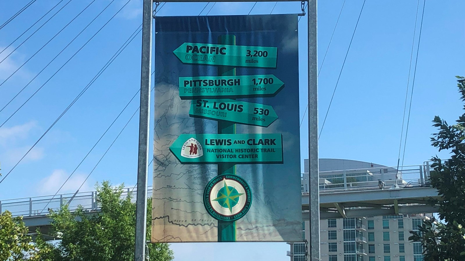 A banner showing mile posts to four major cities from this spot