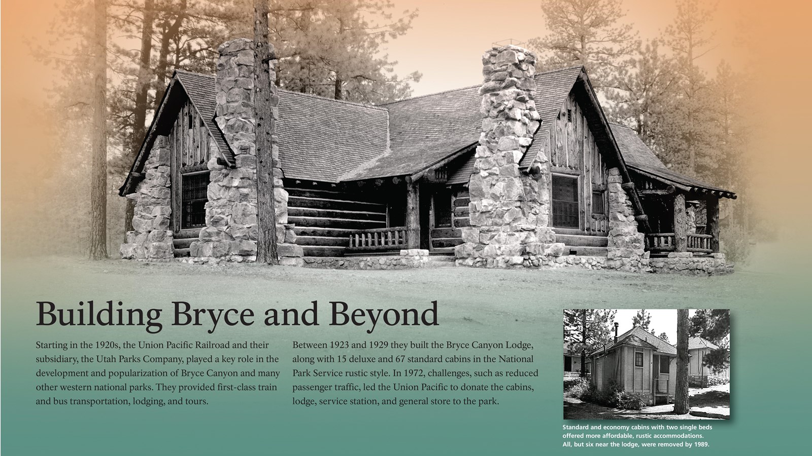 Wayside exhibit with information about the history of Bryce Canyon and its historic cabins..