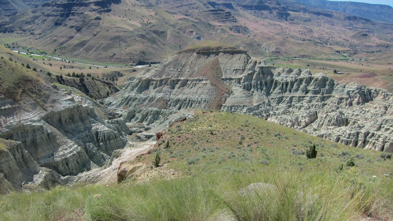 Blue-green rock formations sit in a valley surrounded by green grass and shrubs and brown mountains