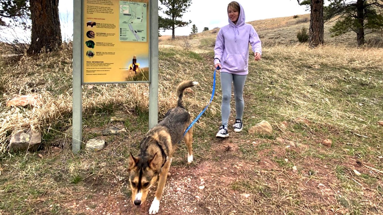 A visitor walks their dog with the Prairie Vista trailhead sign in the background. 