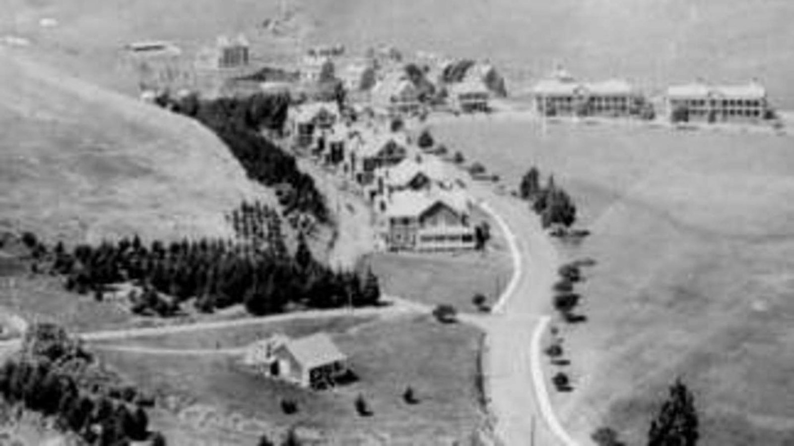 Historical aerial photo overlooking empty hills with young trees around Fort Baker.
