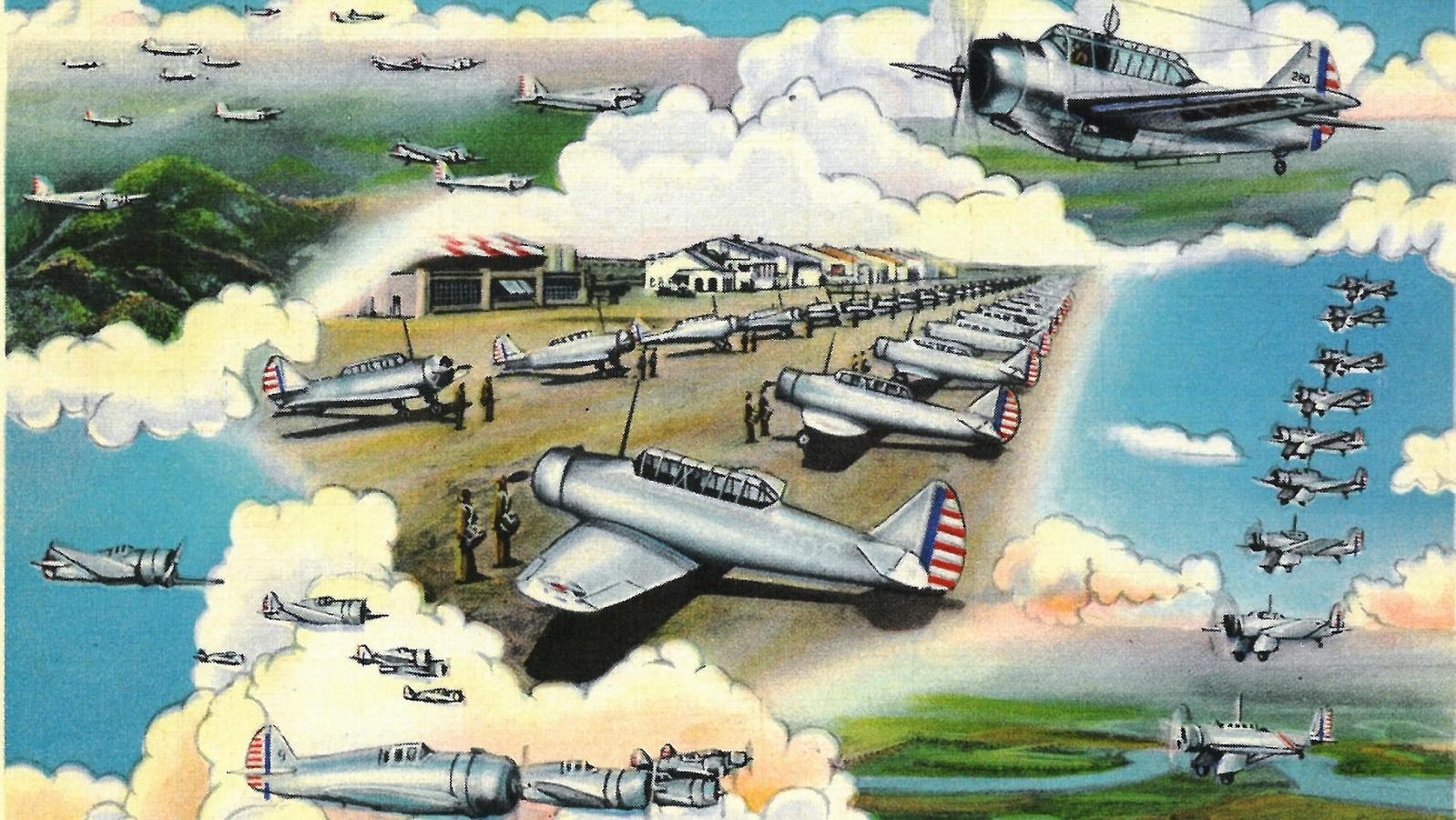 WWII era postcard showing navy planes flying and also on the tarmac