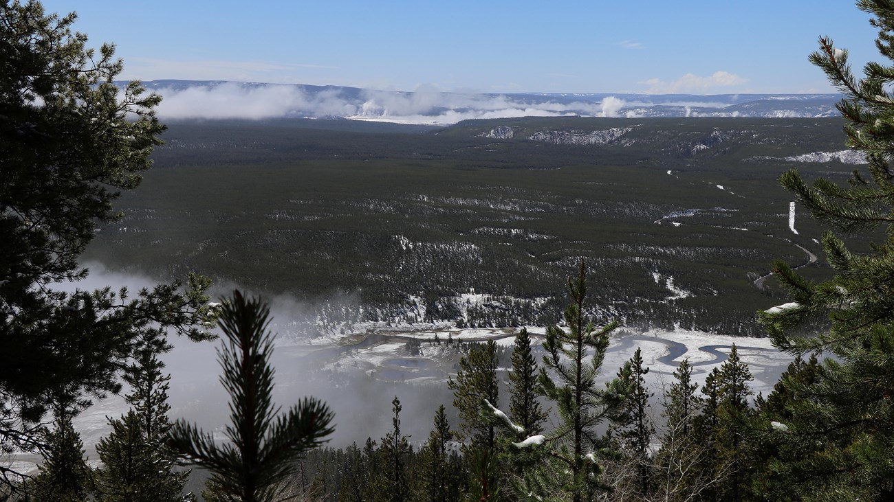 Steam from geyser basins dot a forested landscape as viewed from a mountain summit.