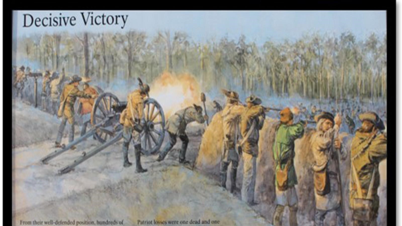 Square Panel with a painting of soldiers firing muskets.