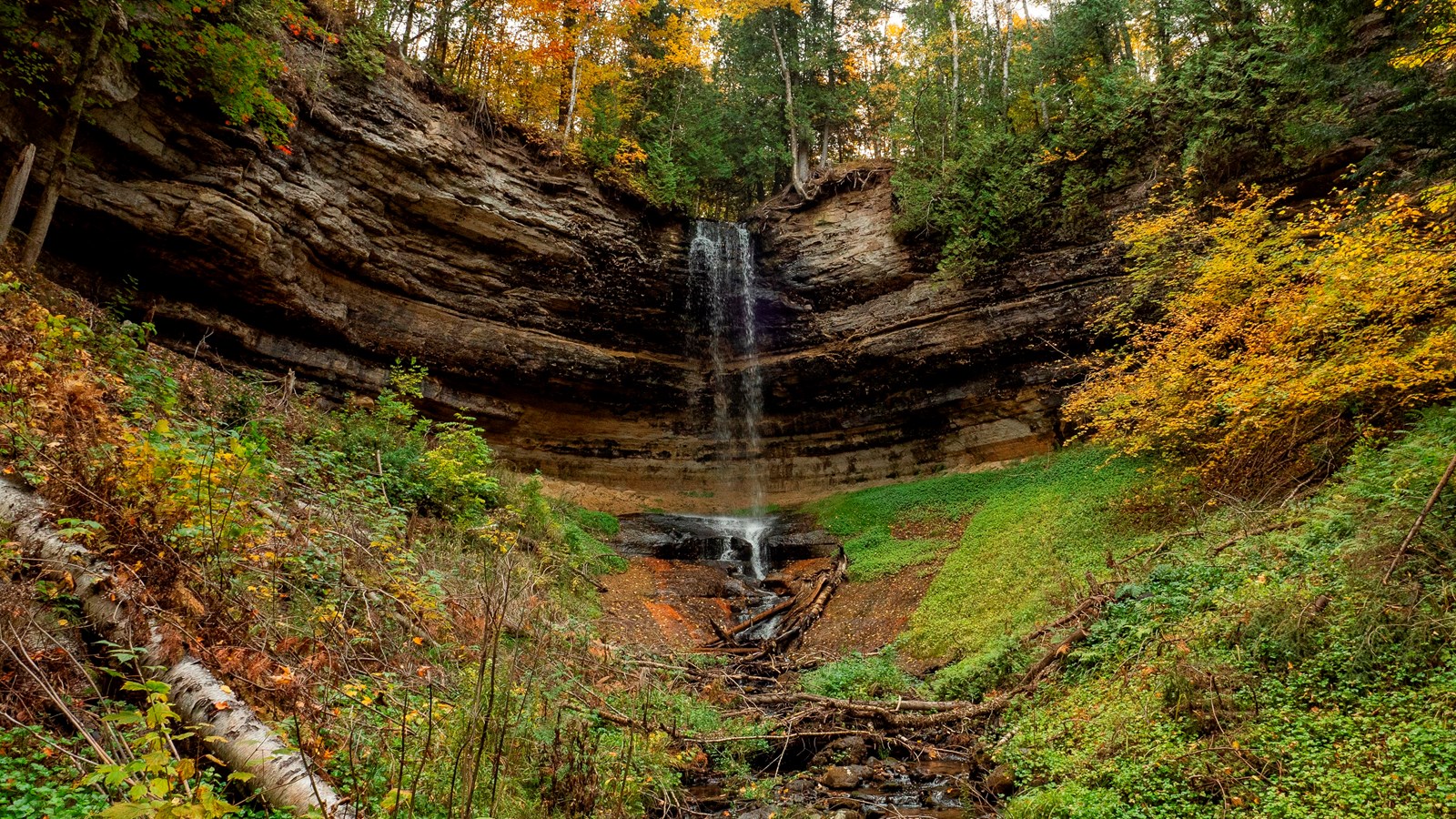 A small waterfall cascades down a sandstone cliff surrounded by autumn leaves