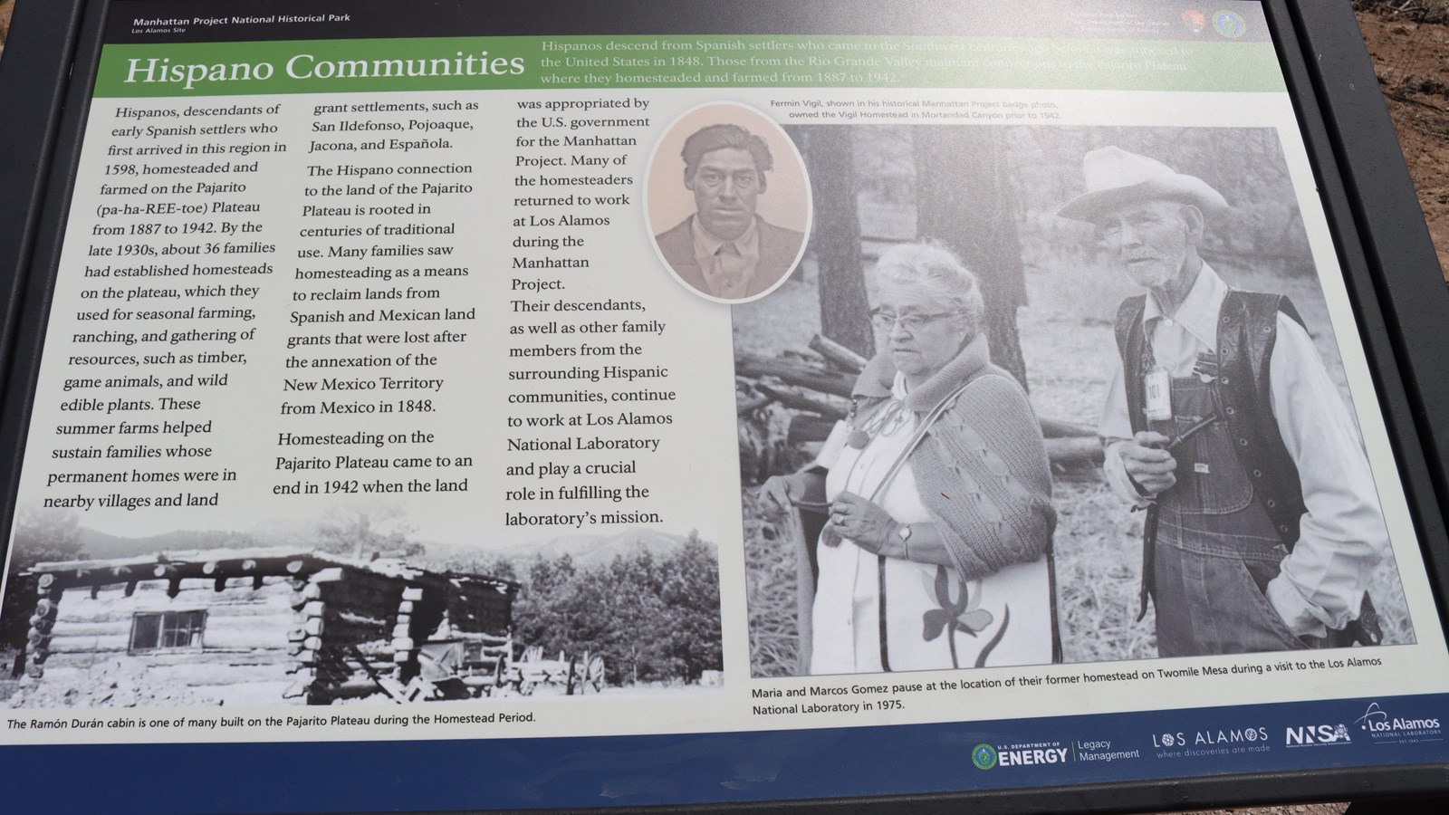 A sign along the trail, titled, “Hispano Communities” 