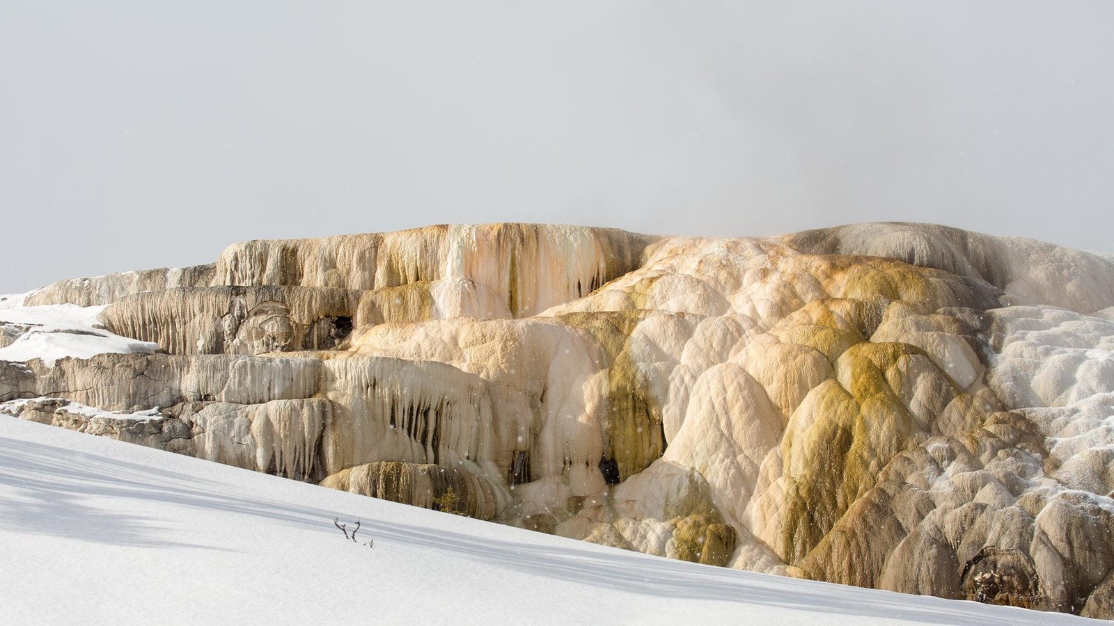 A series of ledges stained shades of pink, yellow, and brown from hydrothermal water.