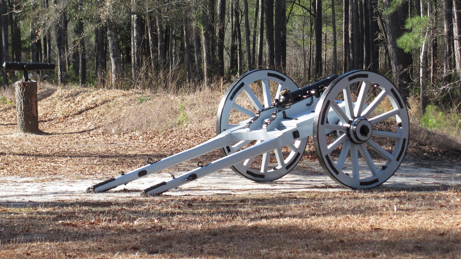 Large cannon in foreground with small swivel gun behind dirt mounds