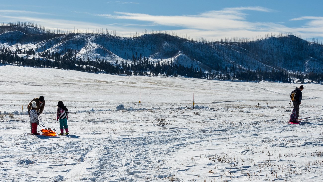Family walking on a snow-covered grassland and pulling a sled.