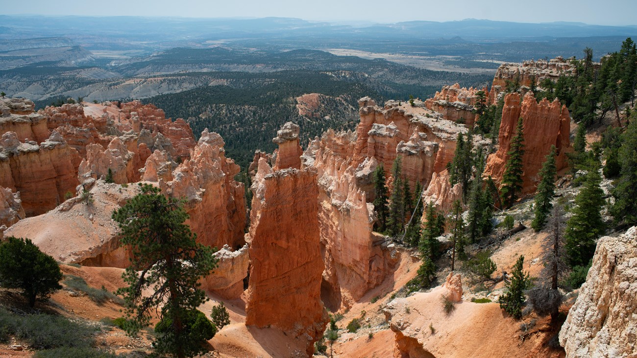 A landscape of red rocks in the foreground with hazy mountains on the horizon