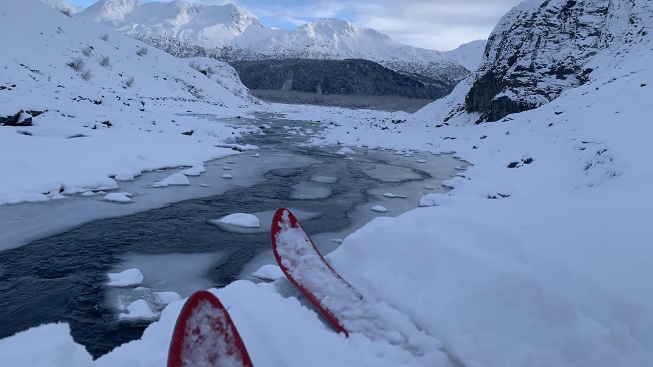 A creek runs through the image center. The land is covered in snow. Ski tips are at the photo bottom