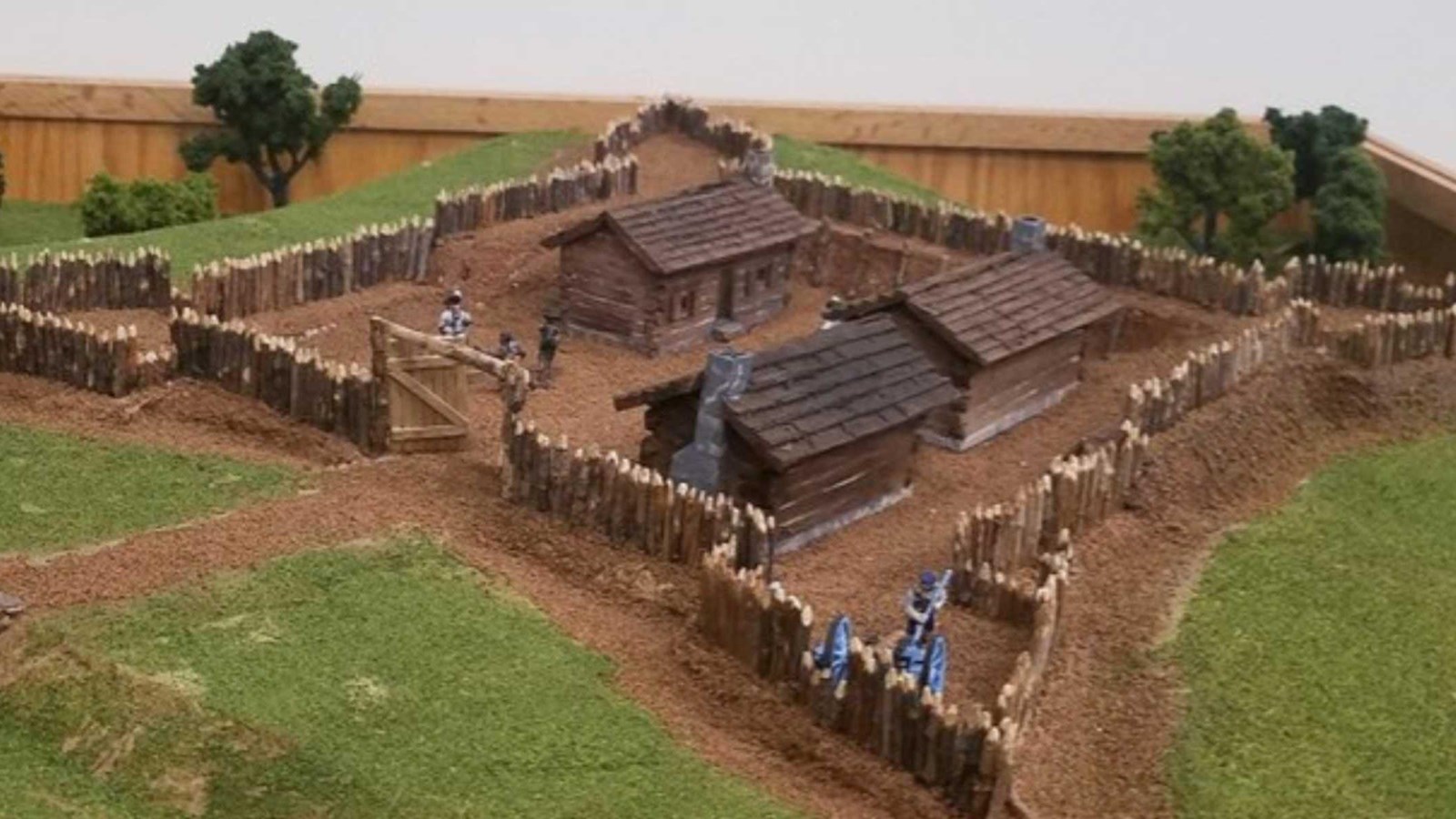  A model of the Fort de Cavagnial represents a small, square, wooden-post fort, 