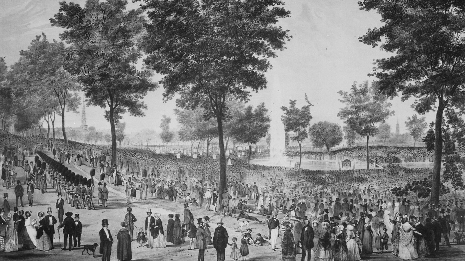 Lithograph of people walking in a park. 