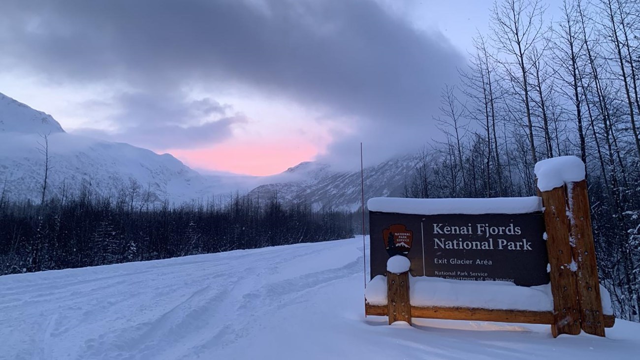 The Kenai Fjords park sign with snow on top.  The landscape behind the sign is covered in snow.