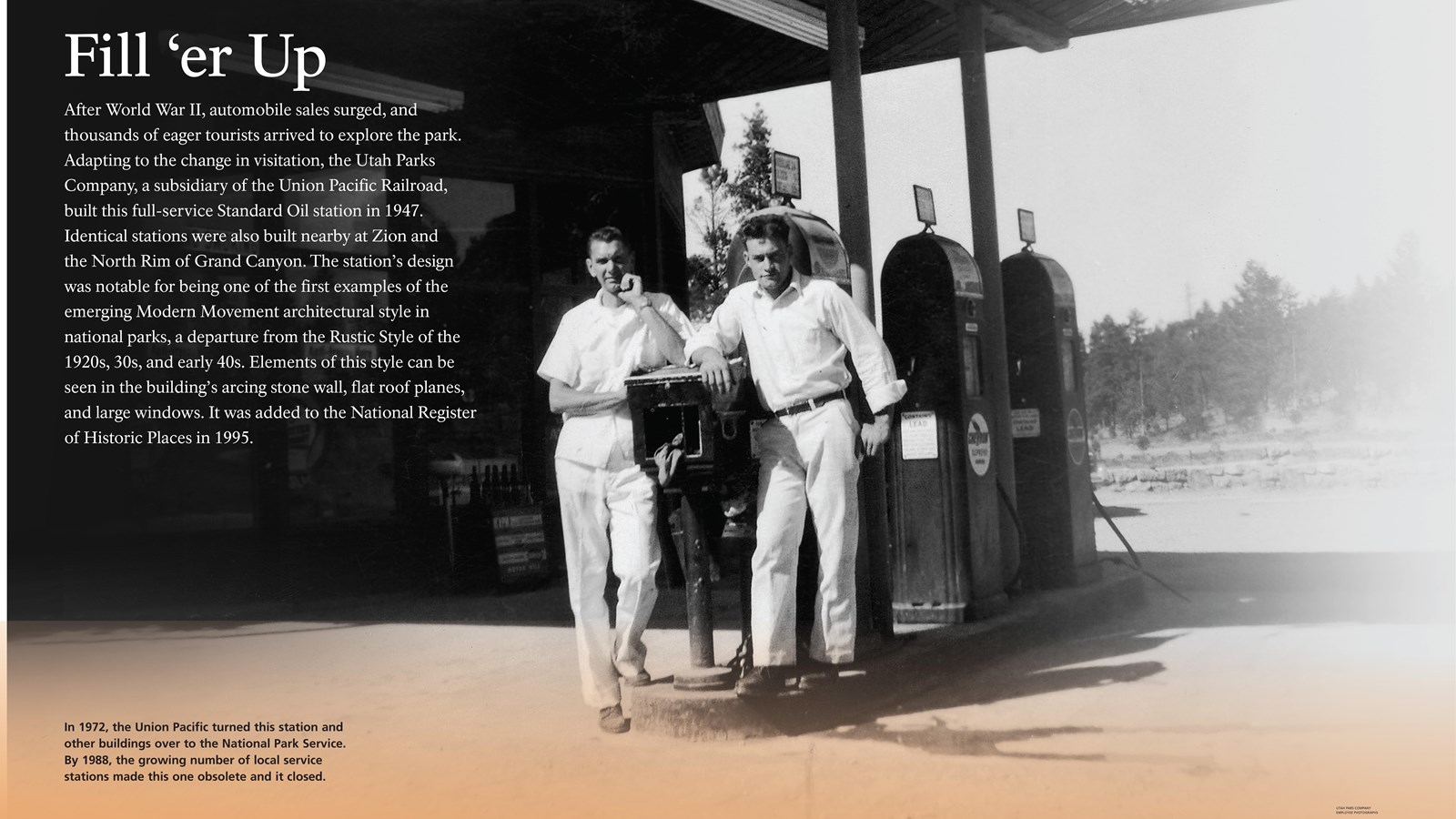 Wayside exhibit with information about the historic Service Station.