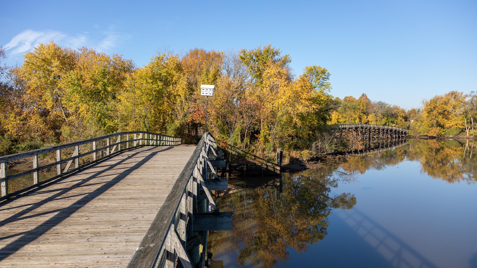 A boardwalk overlooks a portion of the Anacostia river and a marshy bank