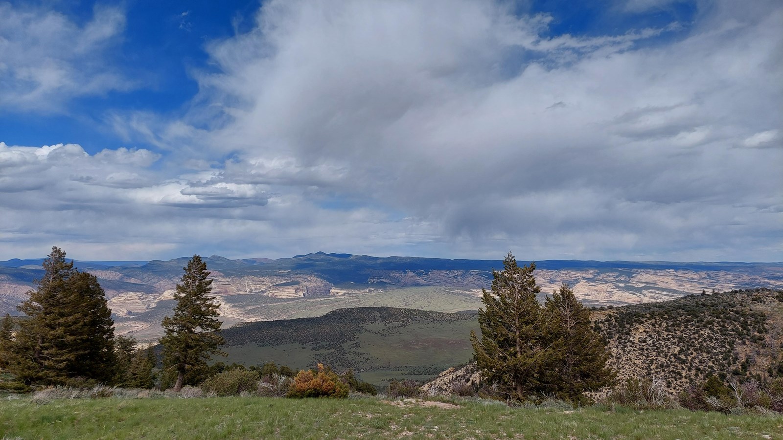 A vista atop a high plateau overlooking a canyon.