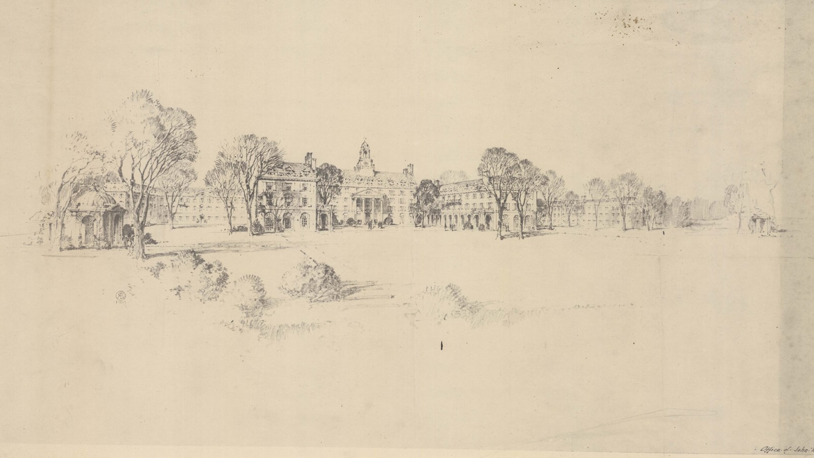Pencil drawing of large symmetrical building