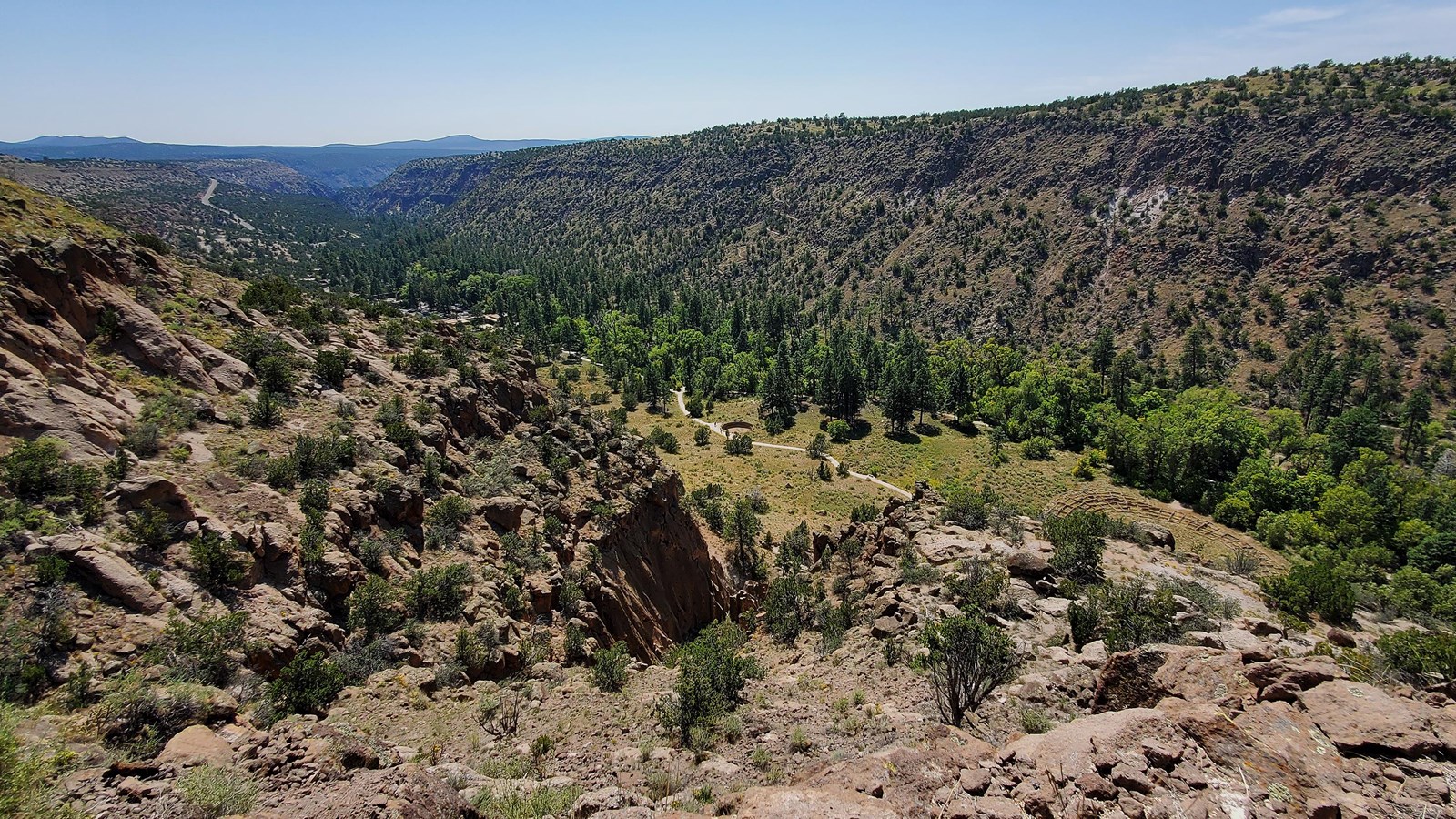 a canyon with green trees is surrounded by steep canyon walls with a blue sky above