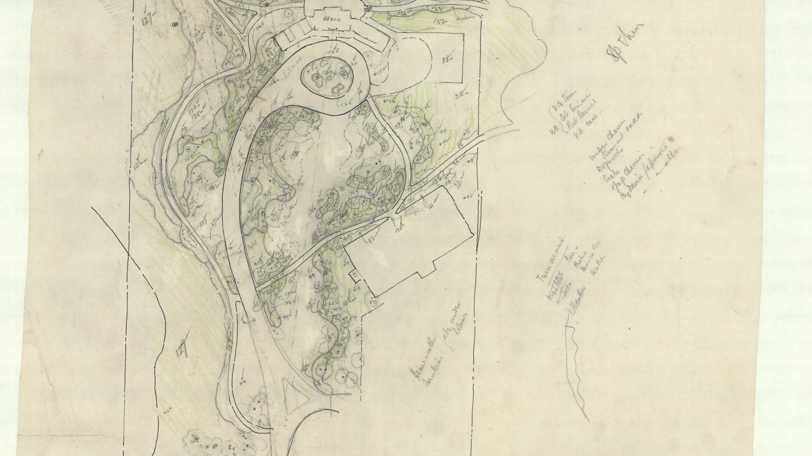 Pencil drawing of rectangular plot of land with many curving roads and large symmetrical house