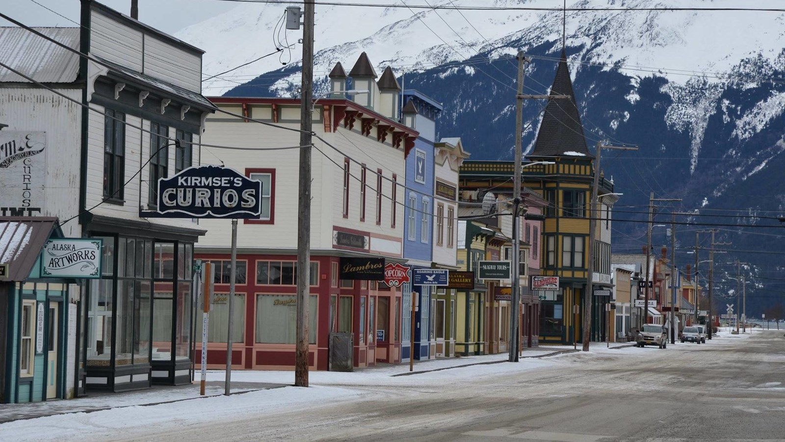 Historic buildings line the street of downtown Skagway. 