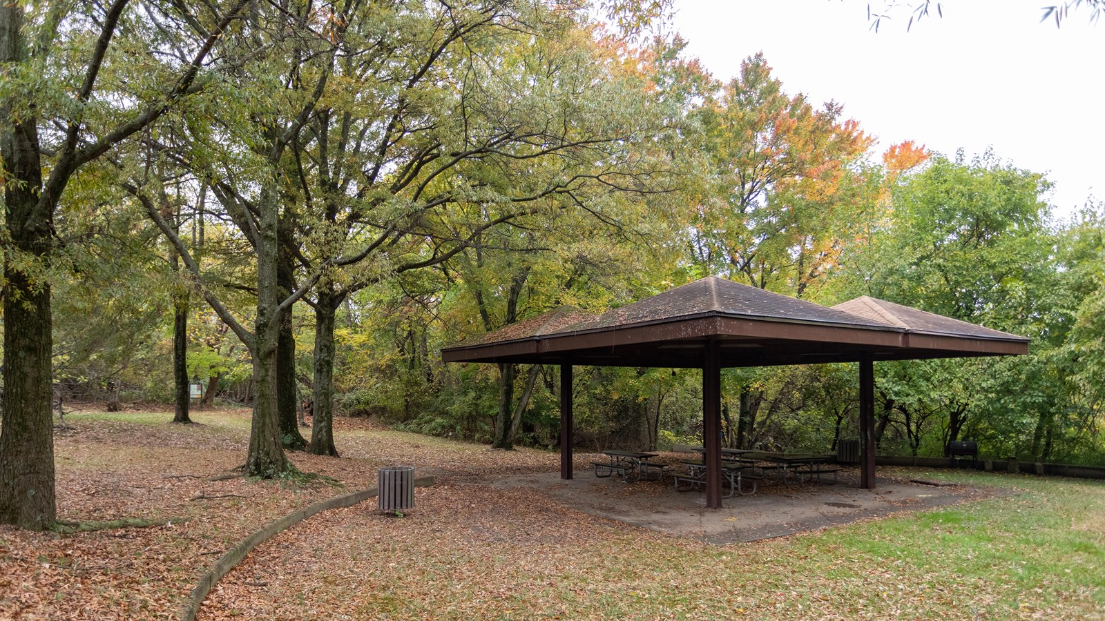 A large picnic area surrounded by trees. 