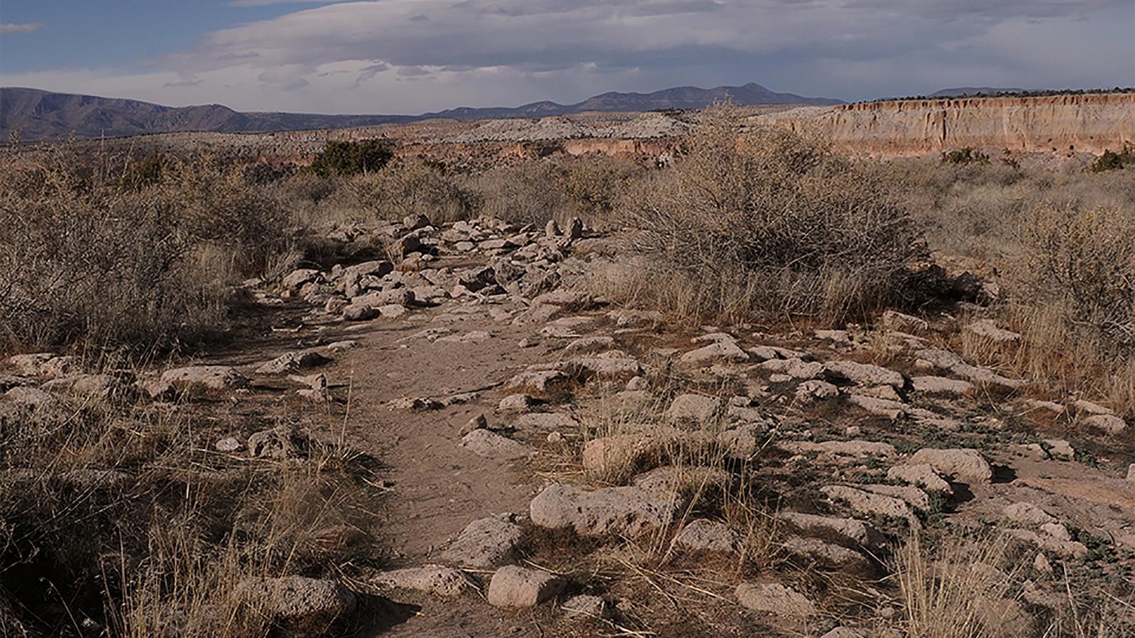 stone blocks from fallen walls lay on the ground amid bushes with a partially cloudy sky