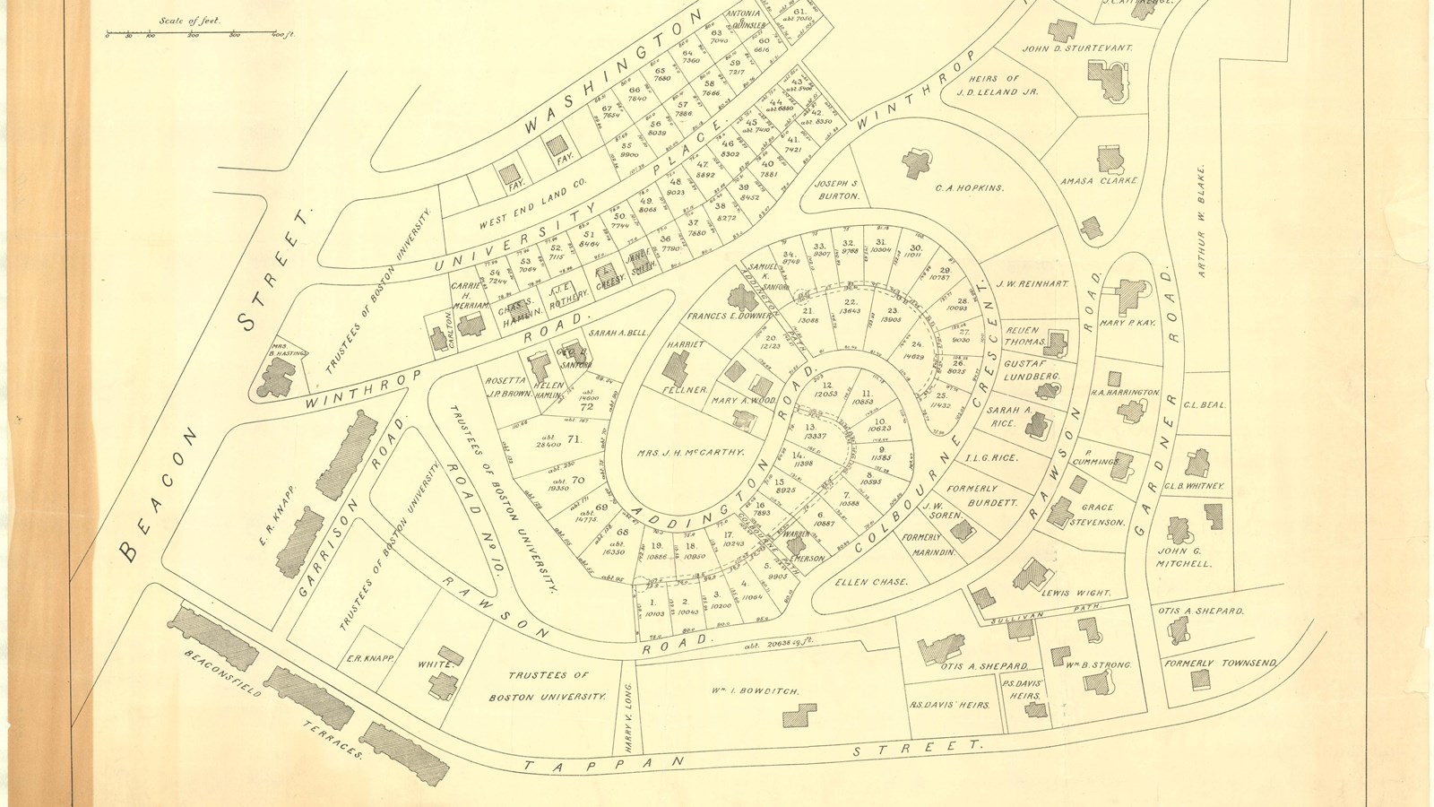 Pencil drawing of curving community with many lots for homes.
