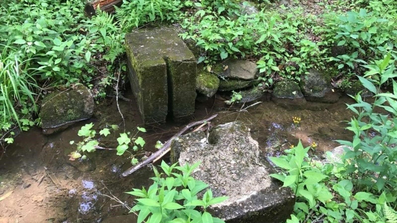 A concrete block on the edge of the stream with a notch cut through.