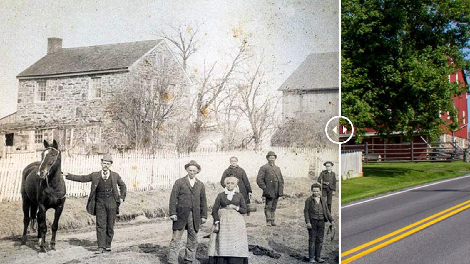 A historic image of a family outside of a stone home on the right and the modern place to the left.